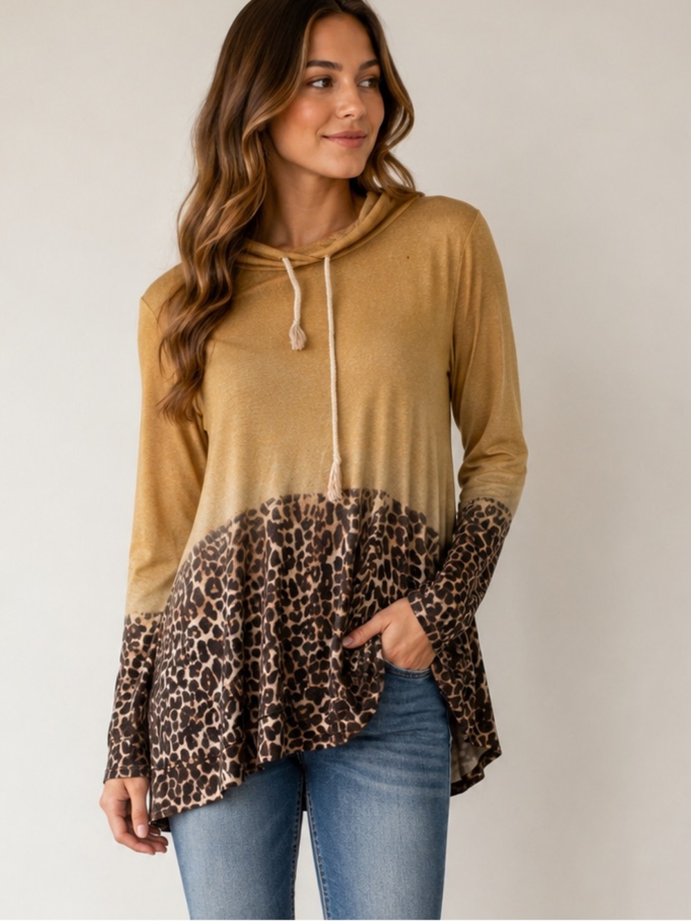 Lovely Melody Mustard Yellow Hoodie Sweater with Leopard Print Hem
